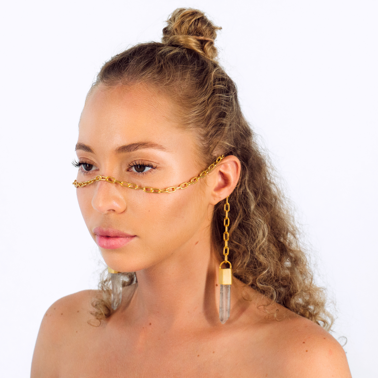 Gaia No.2 Catena | Face Chain | Face Jewelry | Matte 24K Gold Plated Sterling Silver with Lemurian Quartz Crystal Talisman | Crystal Alchemy Collection