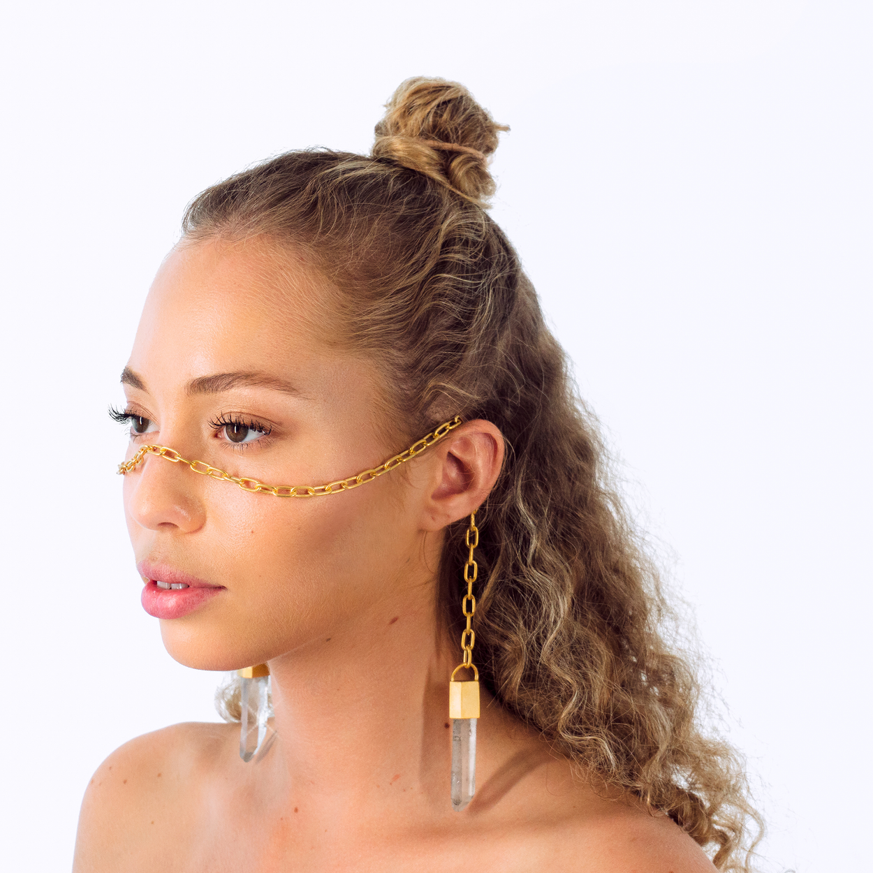 Gaia No.2 Catena | Face Chain | Face Jewelry | Matte 24K Gold Plated Sterling Silver with Lemurian Quartz Crystal Talisman | Crystal Alchemy Collection