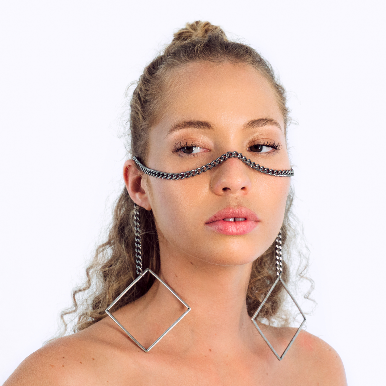 Genghis Catena | Face Chain | Face Jewelry | Antique Silver with Geometric Squares  | Sacred Geometry Collection