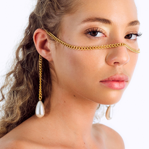 Helen Catena | Face Chain | Face Jewelry | 24K Gold Plated with Large Pearl Drops | Lemuria Collection