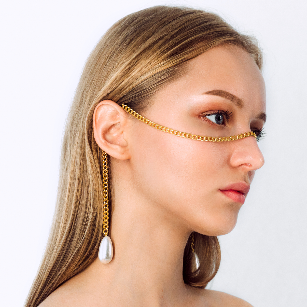 Helen Catena | Face Chain | Face Jewelry | 24K Gold Plated with Large Pearl Drops | Lemuria Collection