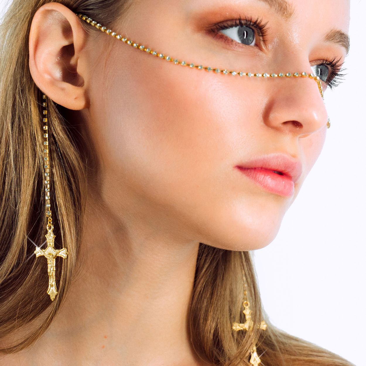 Isabella Catena | Face Chain | Face Jewelry | 24K Gold Plated Rhinestone Chain with Crosses | Heavenly Bodies Collection