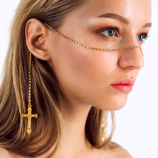 Isabella Catena | Face Chain | Face Jewelry | 24K Gold Plated Rhinestone Chain with Crosses | Heavenly Bodies Collection