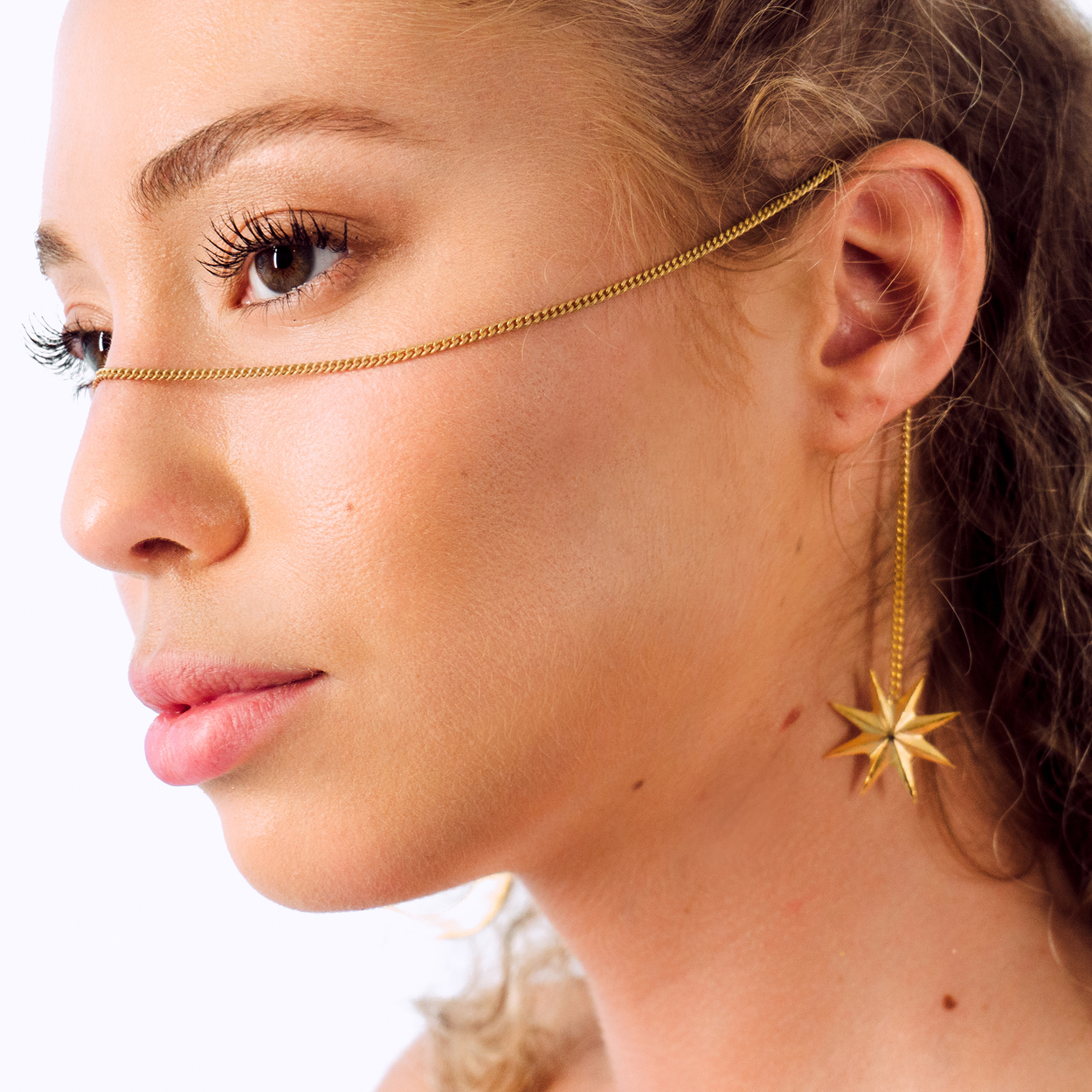 Selene Catena | Face Chain | Face Jewelry | 24K Gold Plated with Moon and Star | Heavenly Bodies Collection