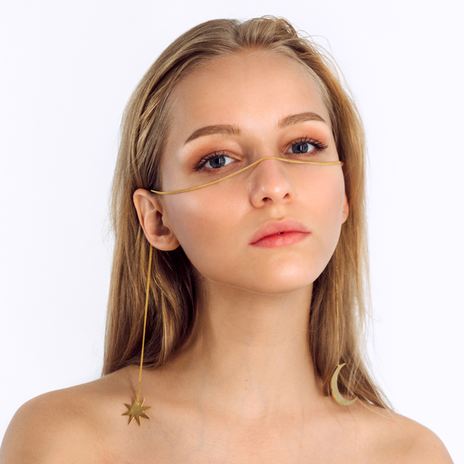 Selene Catena | Face Chain | Face Jewelry | 24K Gold Plated with Moon and Star | Heavenly Bodies Collection